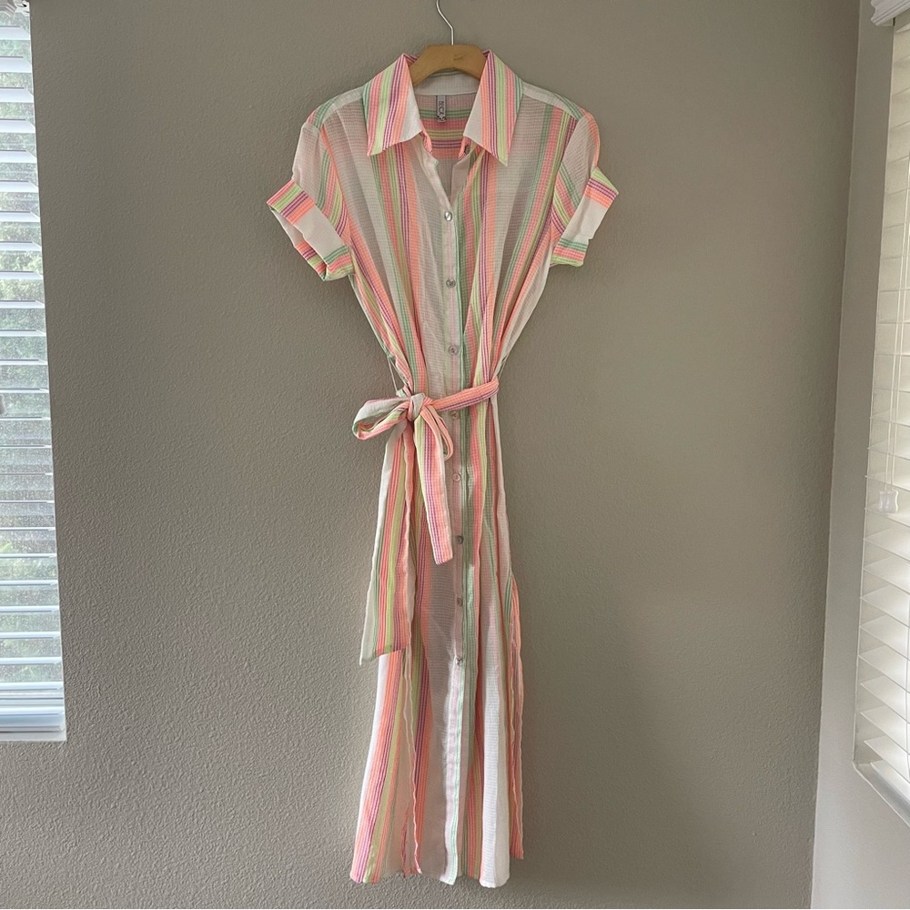 Becca by Rebecca Virtue Gauzy Shirtdress Coverup Neon Stripe Size Small